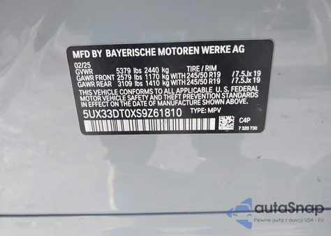 2025 BMW X4 xDrive30I z USA, uszkodzony, nr VIN 5UX33DT0XS9Z61810